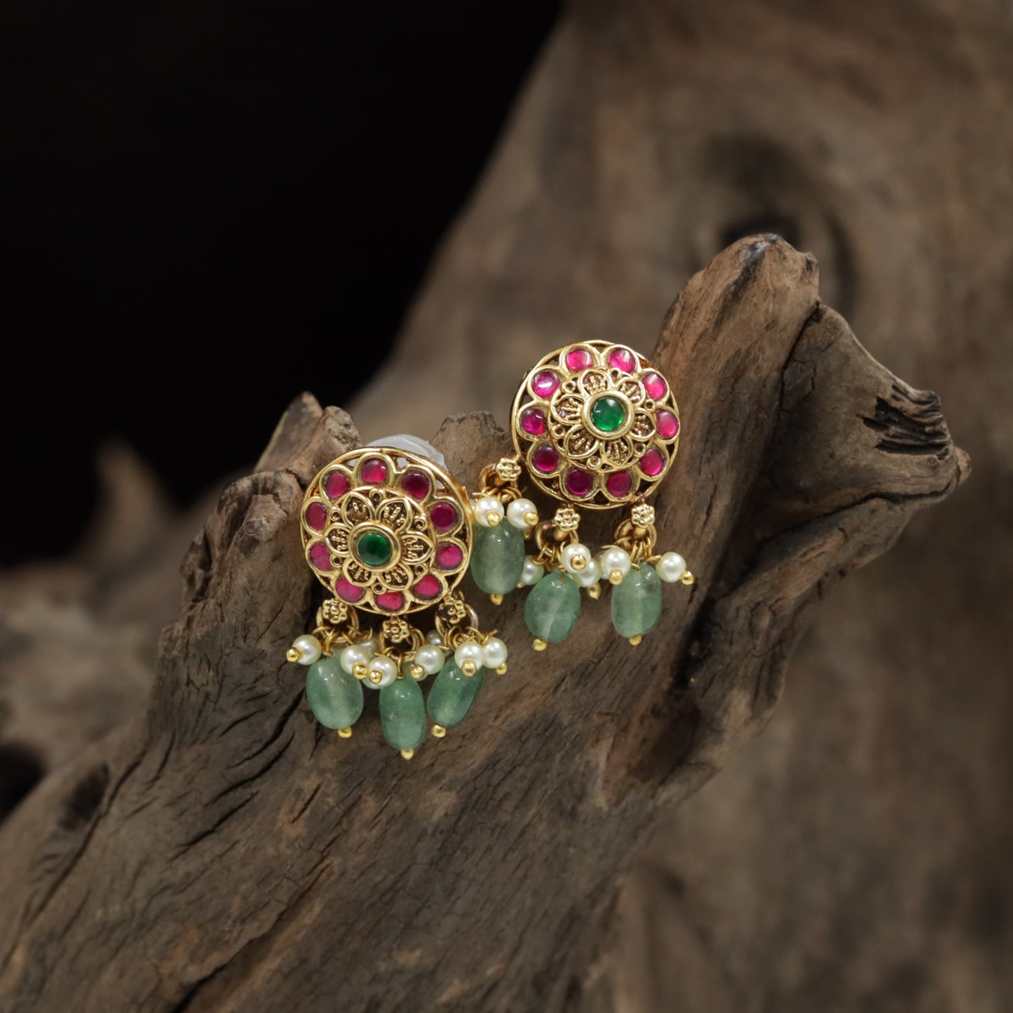 Floral Antique Stud with Concentric Petal Border and Fringe Accents