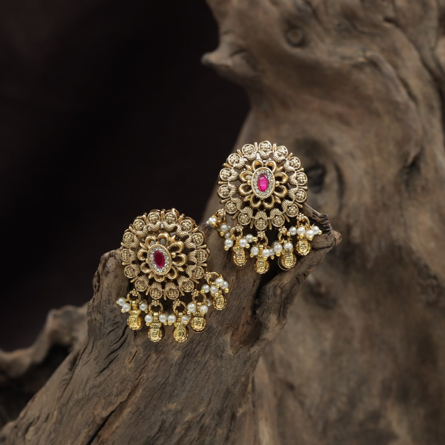 Regal Rosette Stud With Layered Floral Core And Drop Clusters