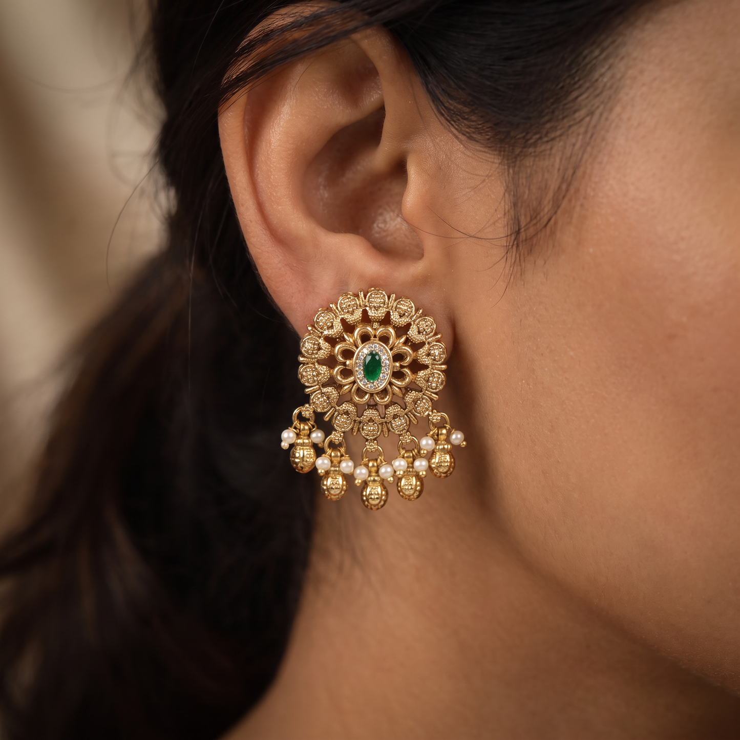 Regal Rosette Stud With Layered Floral Core And Drop Clusters