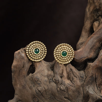 Antique Granulated Disc Stud With Concentric Beadwork And Center Accent