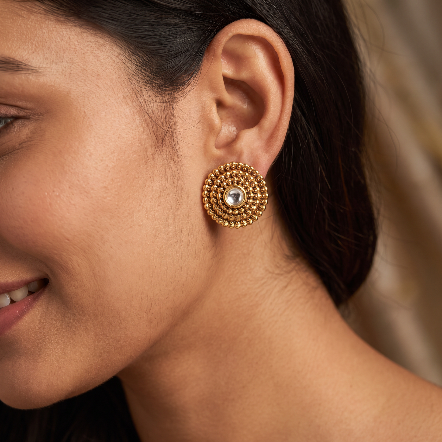 Antique Granulated Disc Stud With Concentric Beadwork And Center Accent