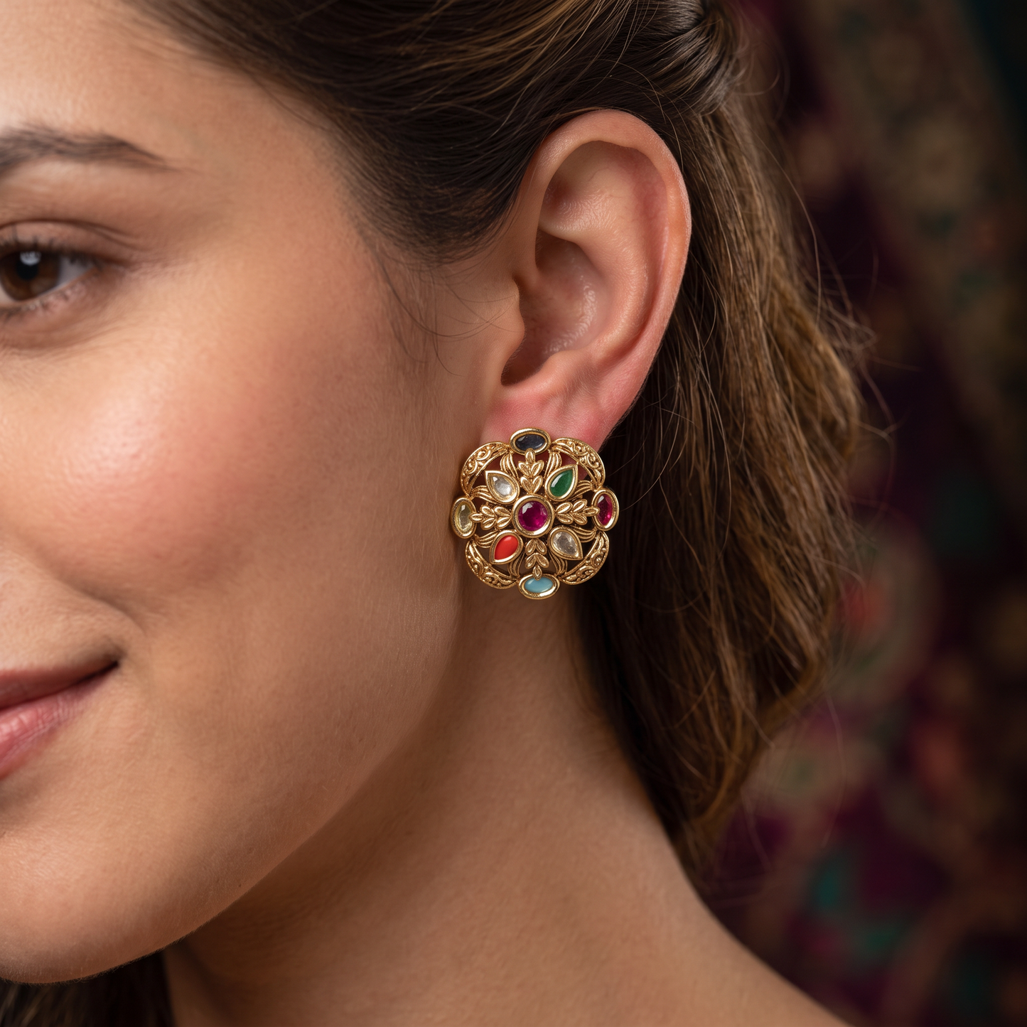 Antique Stud with Floral Rosette and Layered Petal Craftsmanship