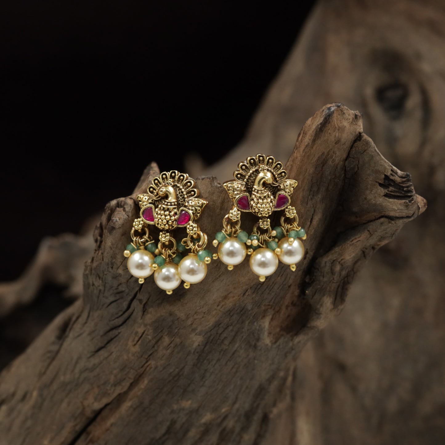 Peacock Antique Stud with Pearl Drop and Cluster Fringe