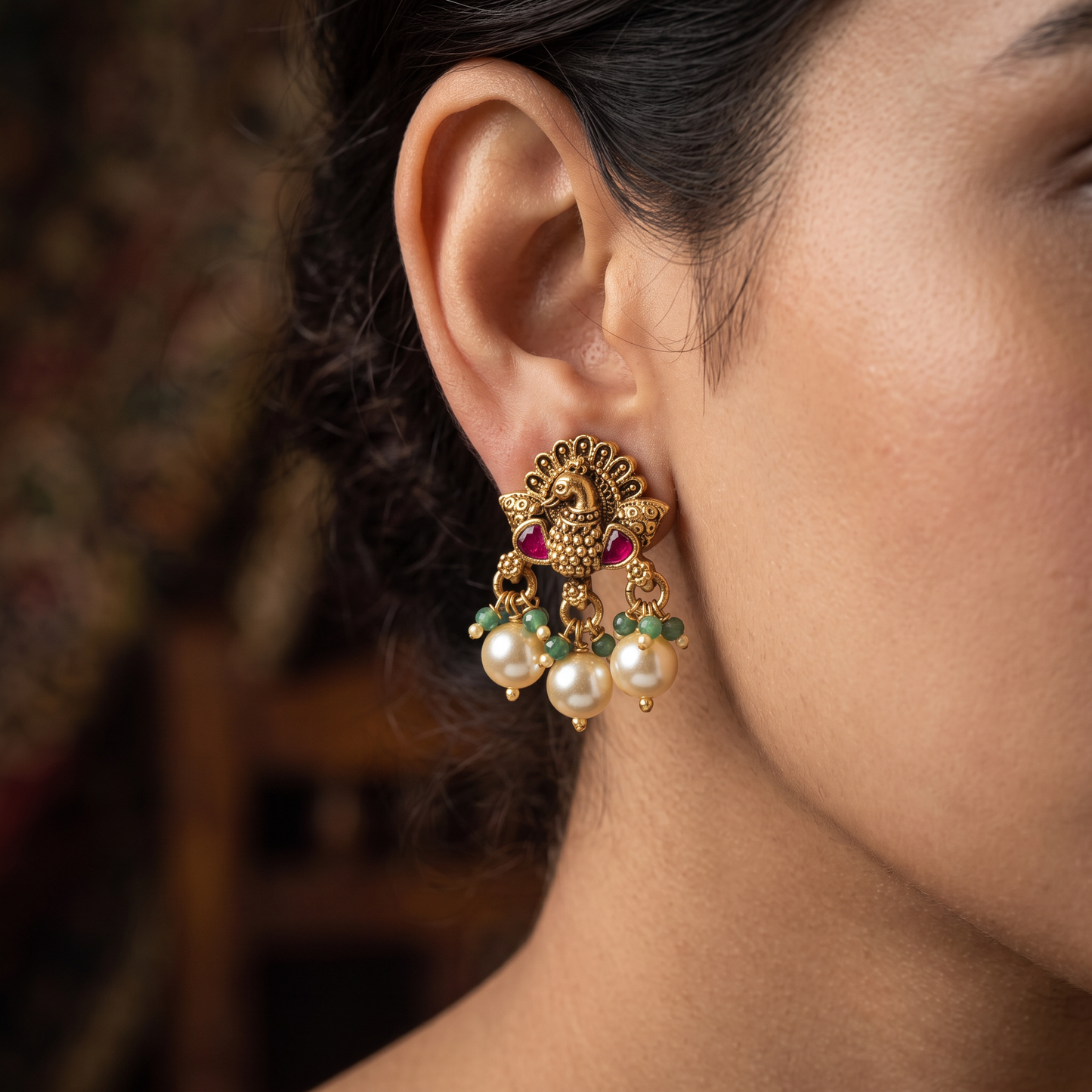 Peacock Antique Stud with Pearl Drop and Cluster Fringe
