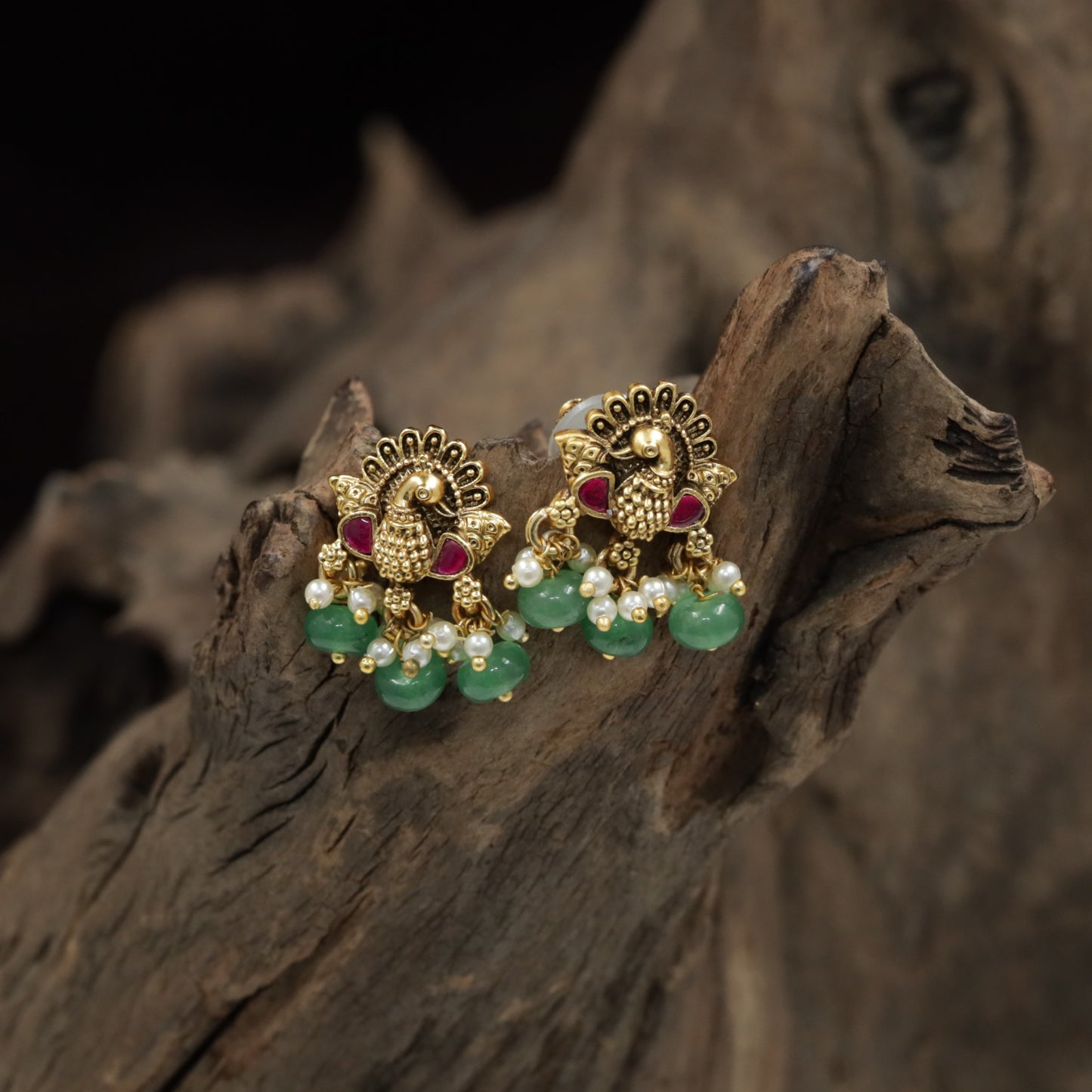 Peacock Antique Stud with Pearl Drop and Cluster Fringe
