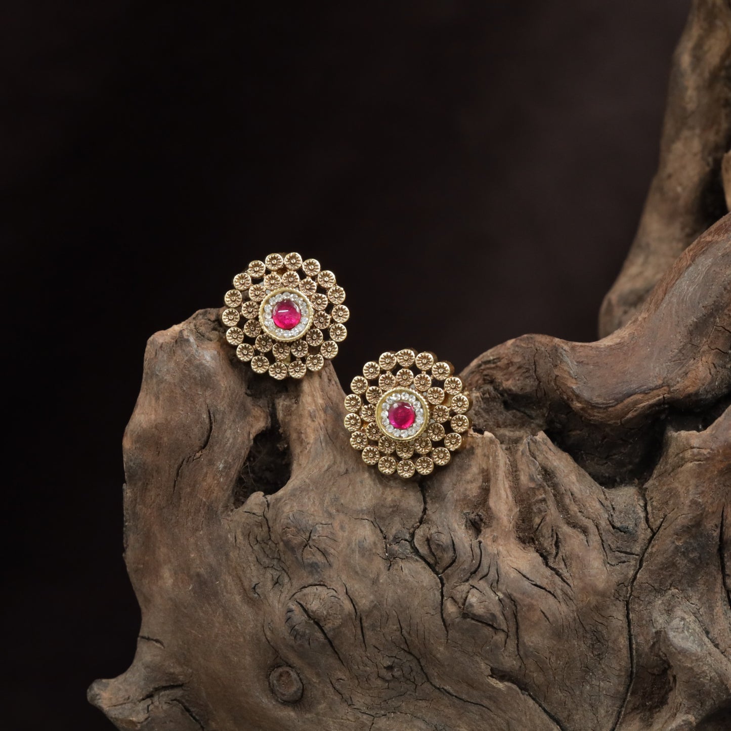 Classic Floral Stud With Dense Granule Work And Center Accent