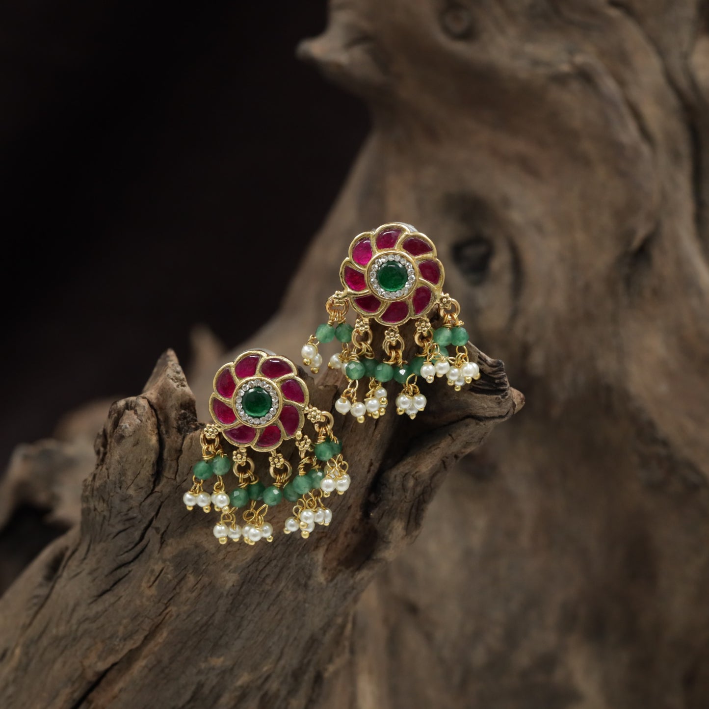 Antique Floral Stud With Refined Petal Frame And Drop Clusters