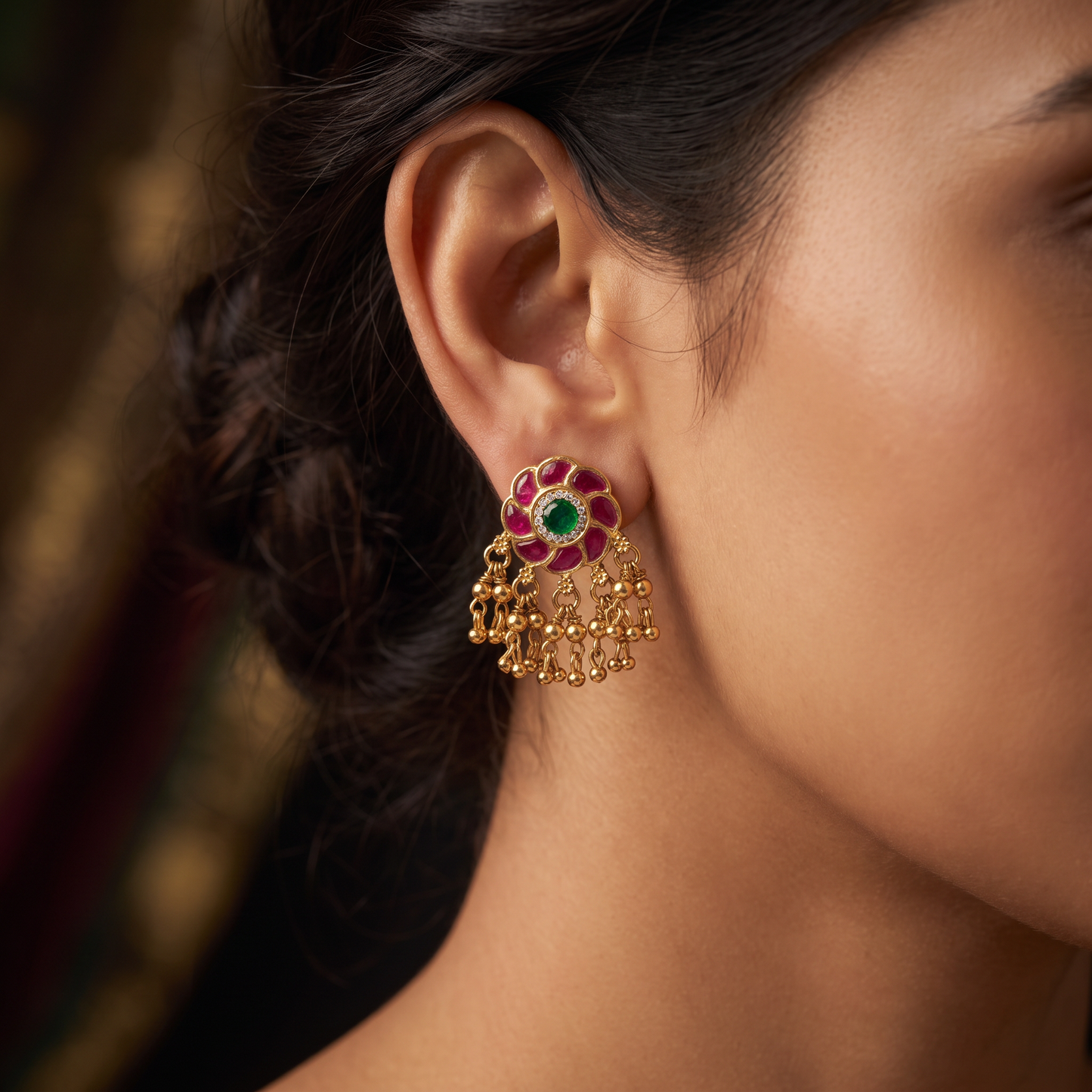 Antique Floral Stud With Refined Petal Frame And Drop Clusters