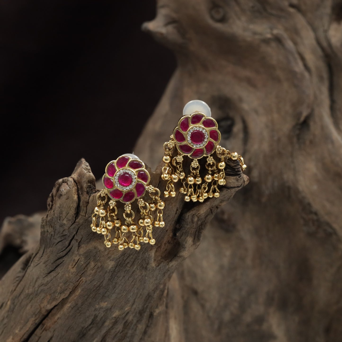 Antique Floral Stud With Refined Petal Frame And Drop Clusters