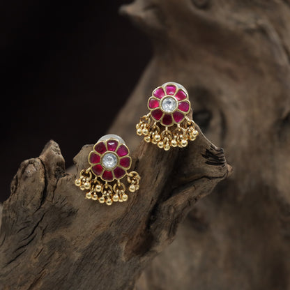 Elegant Floral Stud With Structured Petals And Cluster Drops