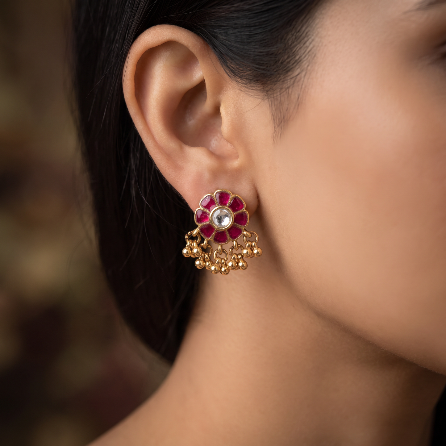 Elegant Floral Stud With Structured Petals And Cluster Drops