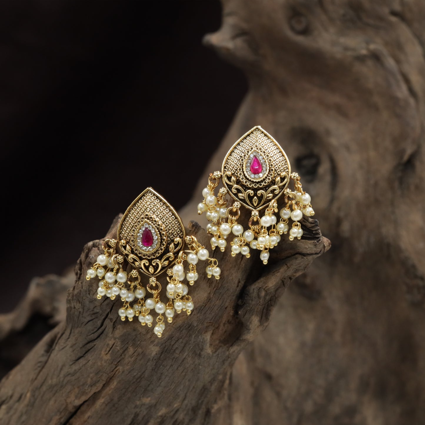 Antique Teardrop Stud With Intricate Lattice Frame And Pearl Drops