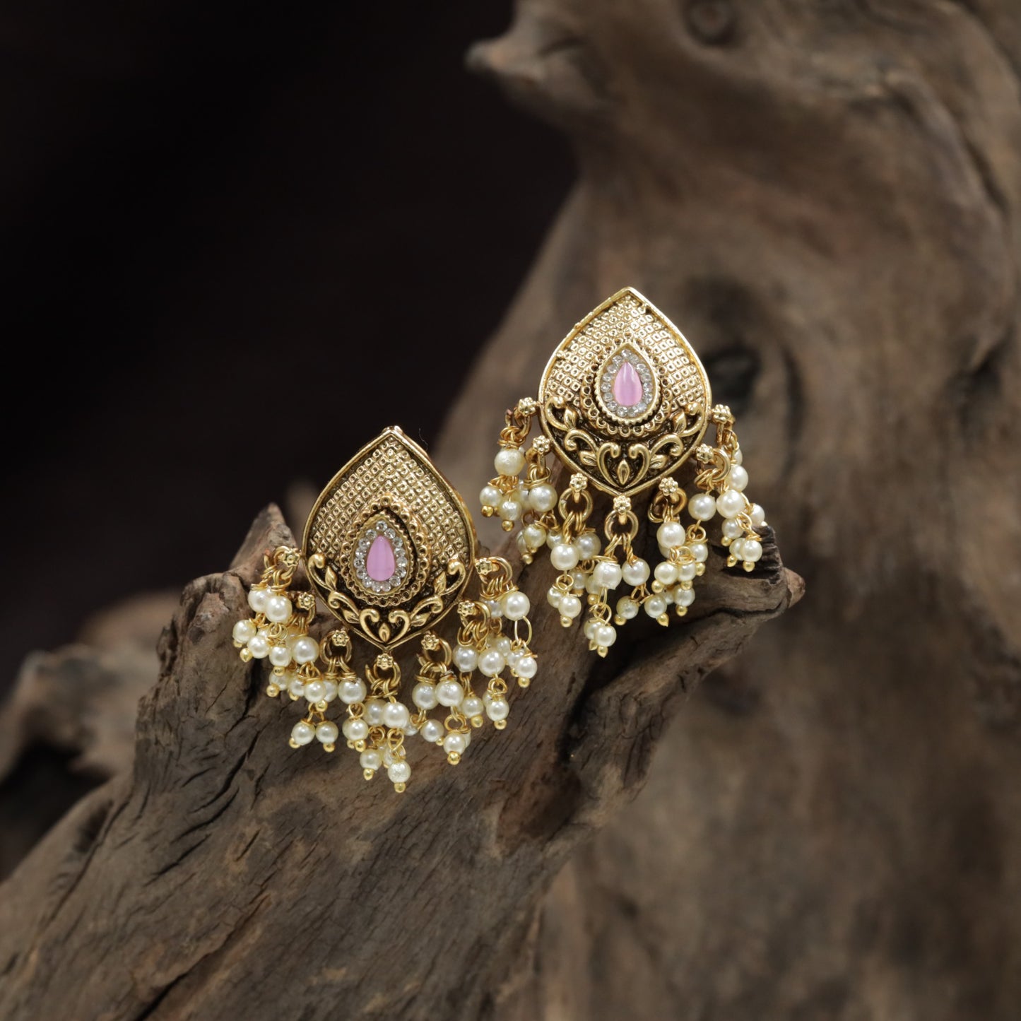Antique Teardrop Stud With Intricate Lattice Frame And Pearl Drops