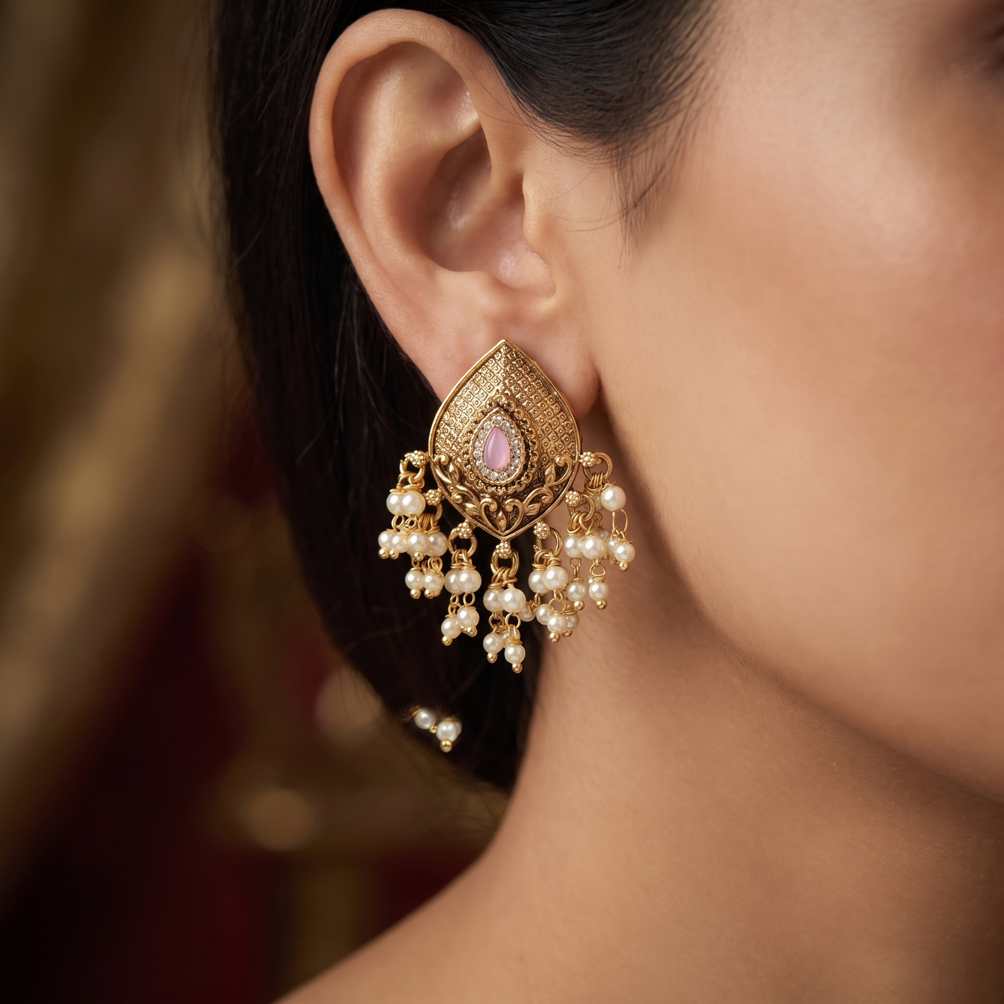 Antique Teardrop Stud With Intricate Lattice Frame And Pearl Drops