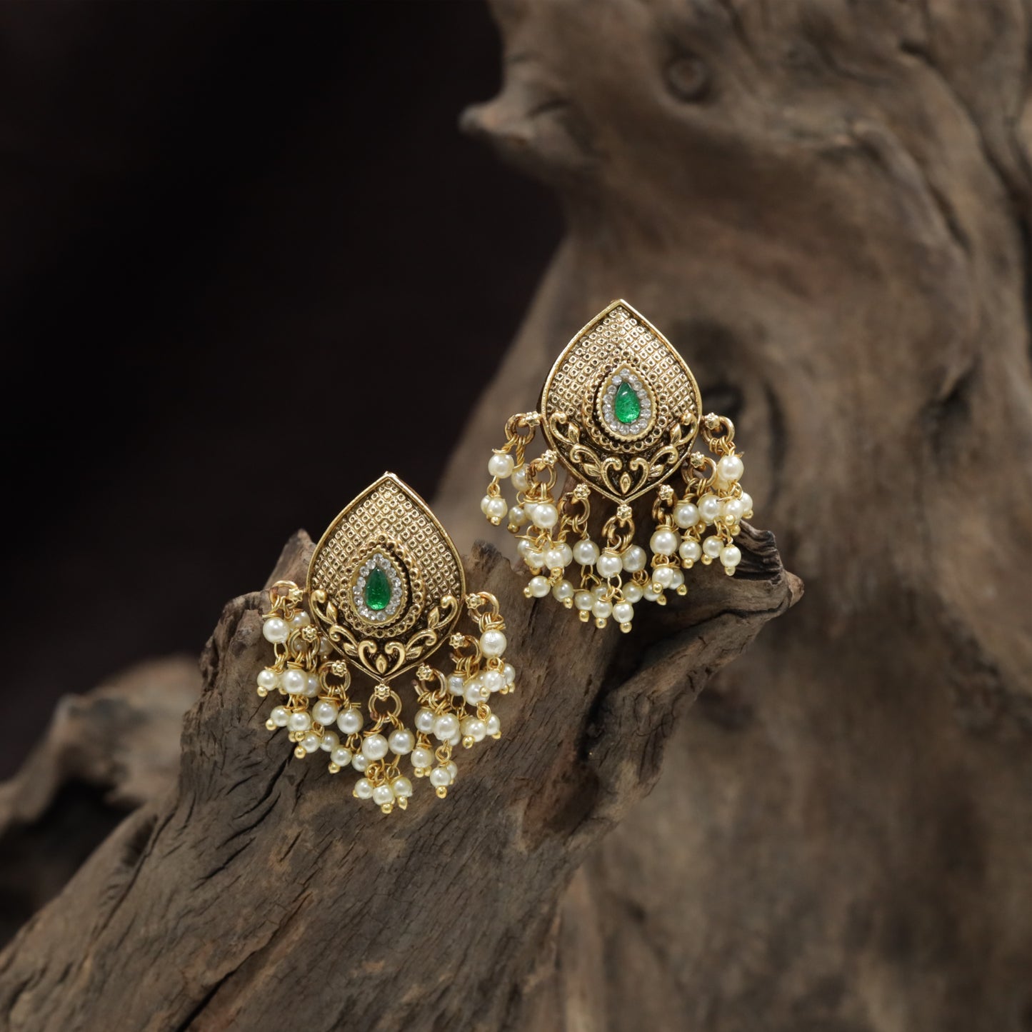 Antique Teardrop Stud With Intricate Lattice Frame And Pearl Drops
