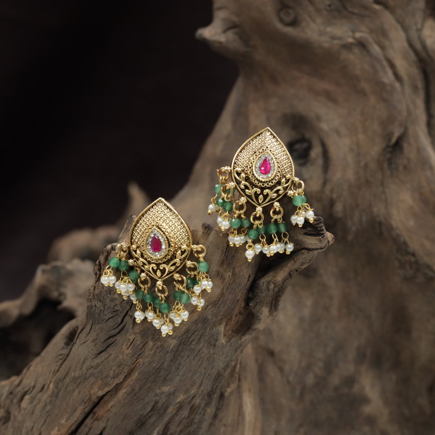 Antique Teardrop Stud With Intricate Lattice Frame And Pearl Drops