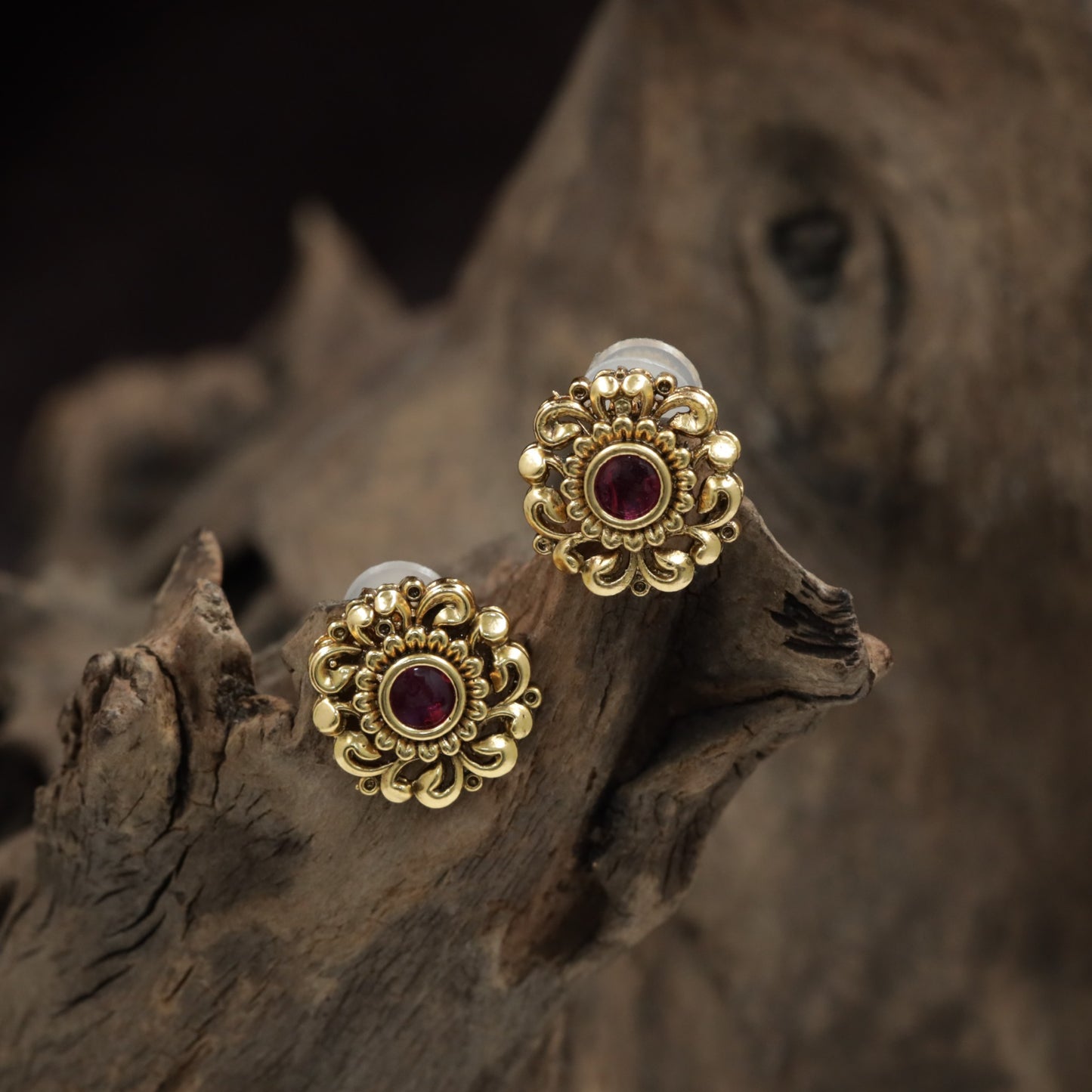 Antique Floral Stud With Ornate Scrollwork And Center Accent