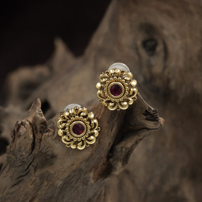 Antique Floral Stud With Ornate Scrollwork And Center Accent