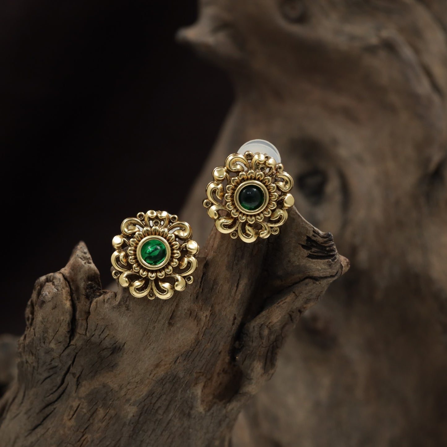 Antique Floral Stud With Ornate Scrollwork And Center Accent