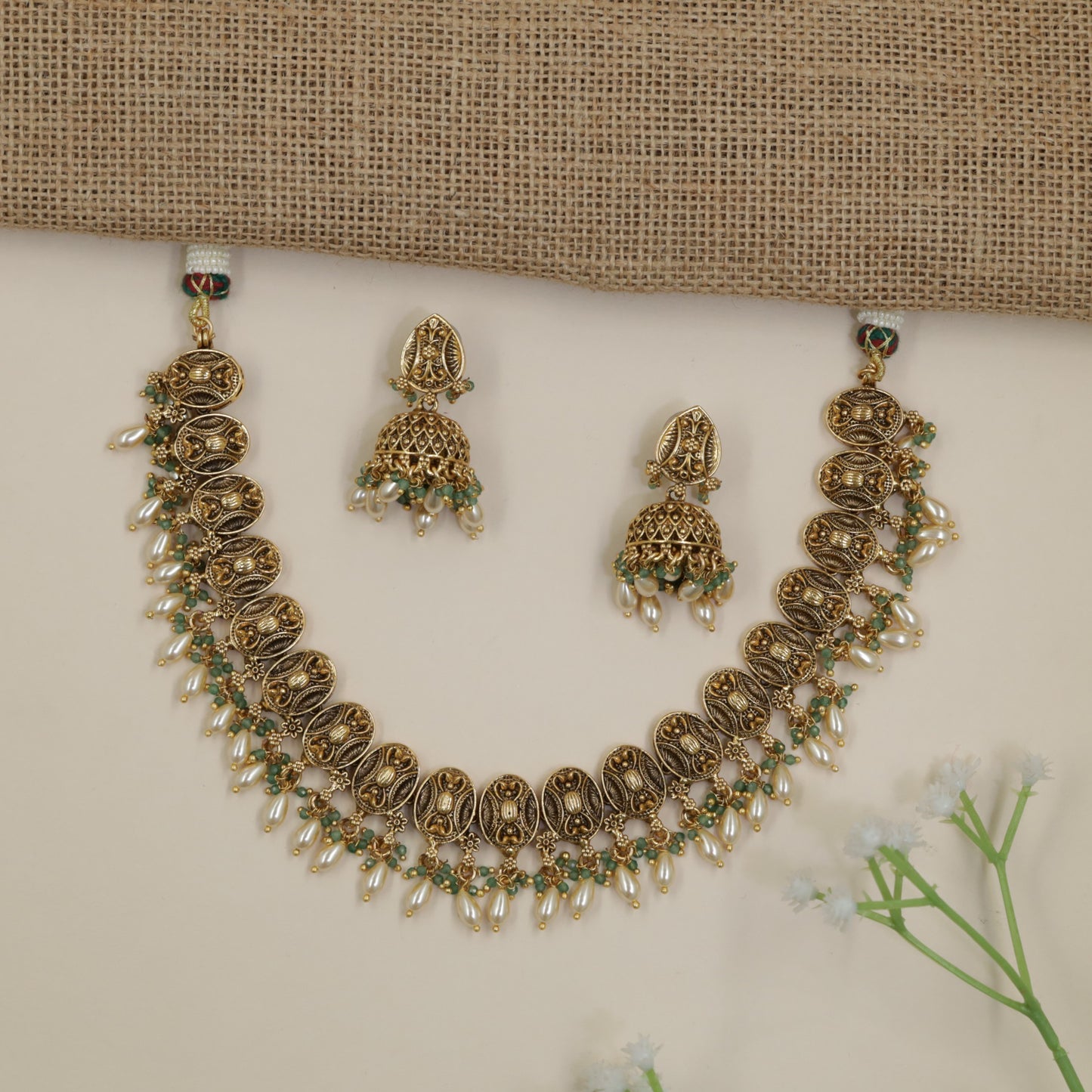Ornate Antique Necklace with Repeating Oval Panels and Fringe