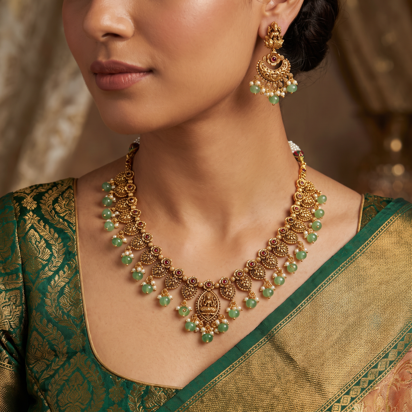 Antique Necklace Featuring Detailed Paisley Work and Pendant Drops