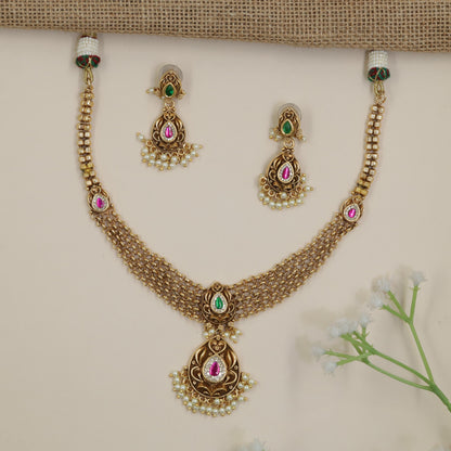 Teardrop Antique Necklace with Fine Mesh Chains and Beaded Fringe
