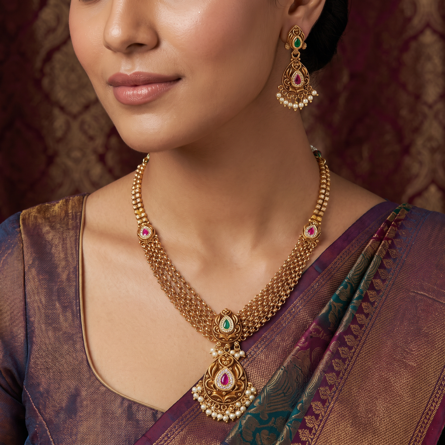Teardrop Antique Necklace with Fine Mesh Chains and Beaded Fringe