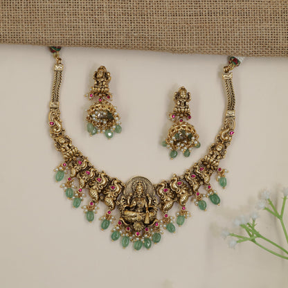 Antique Necklace Featuring Lakshmi and Hanging Bead Accents