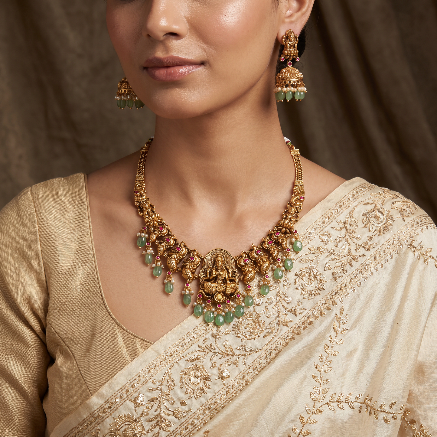 Antique Necklace Featuring Lakshmi and Hanging Bead Accents