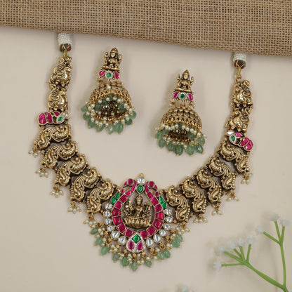Antique Necklace with Elaborate Lakshmi Centre and Hanging Beads
