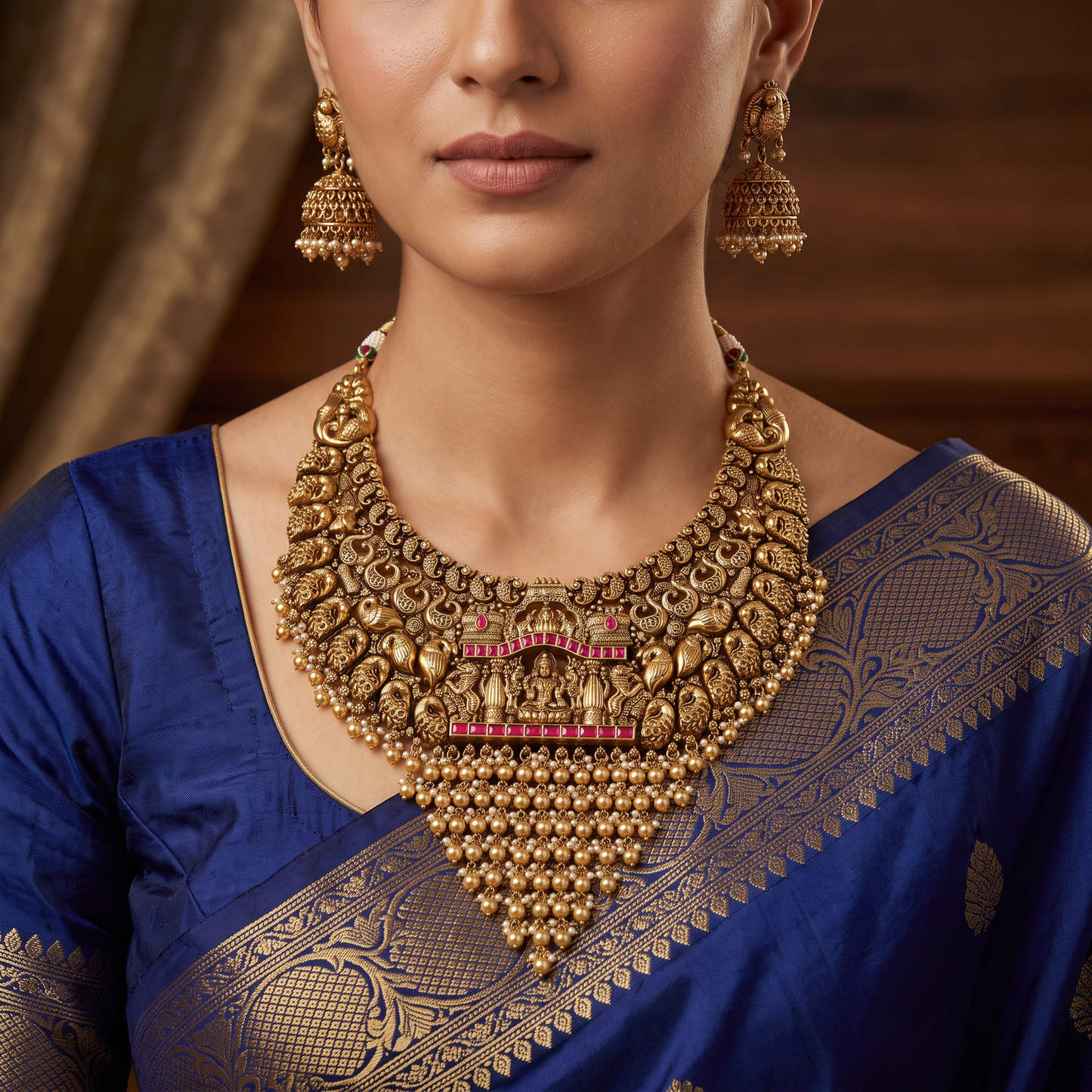 Antique Necklace Featuring Sculpted Figures and Dense Beaded Fringe