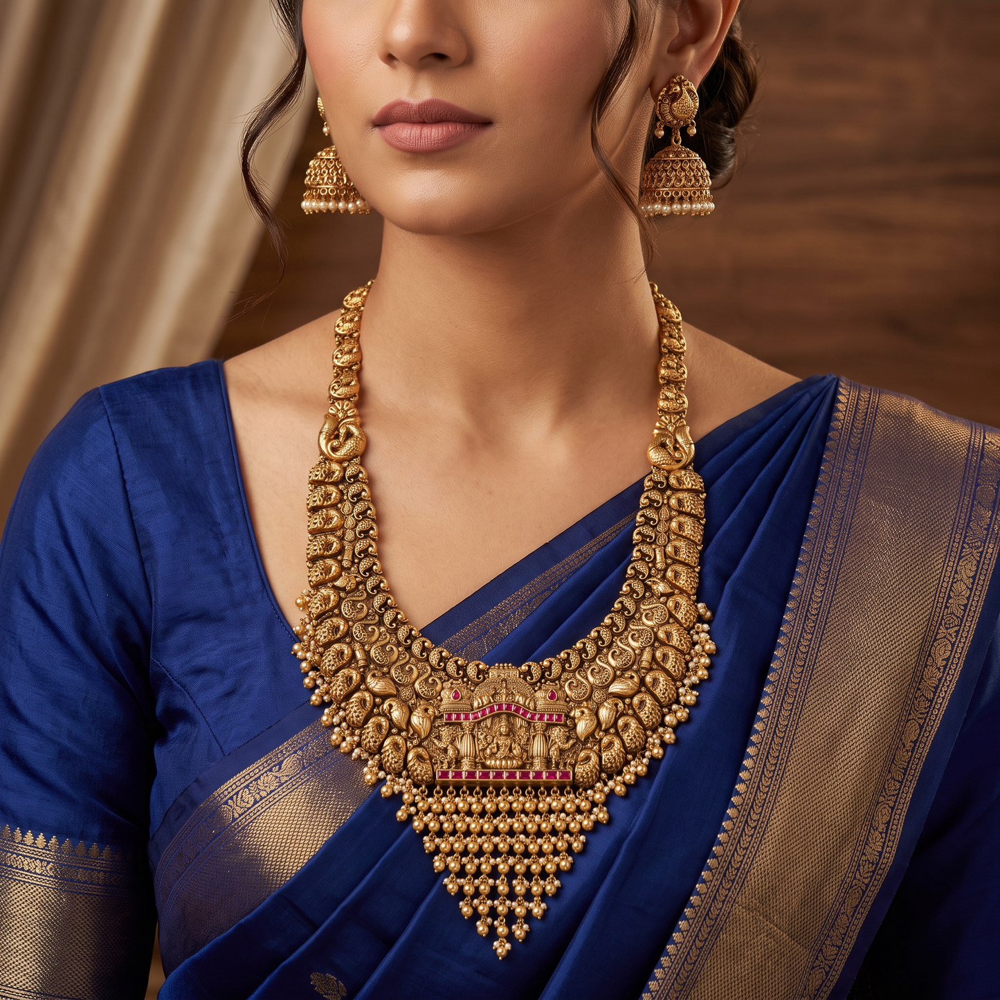 Sculpted Lakshmi Antique Long Haara with Elaborate Pendant Work