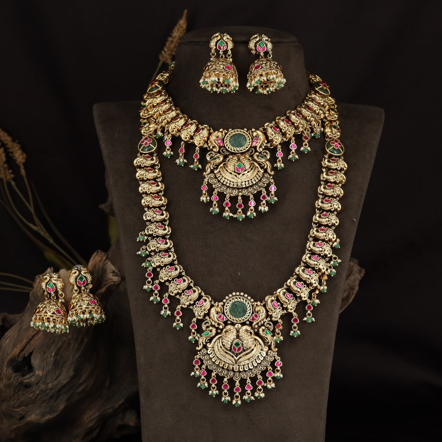 Floral Detail Antique Combo Set with Lakshmi Pendants and Jhumkas