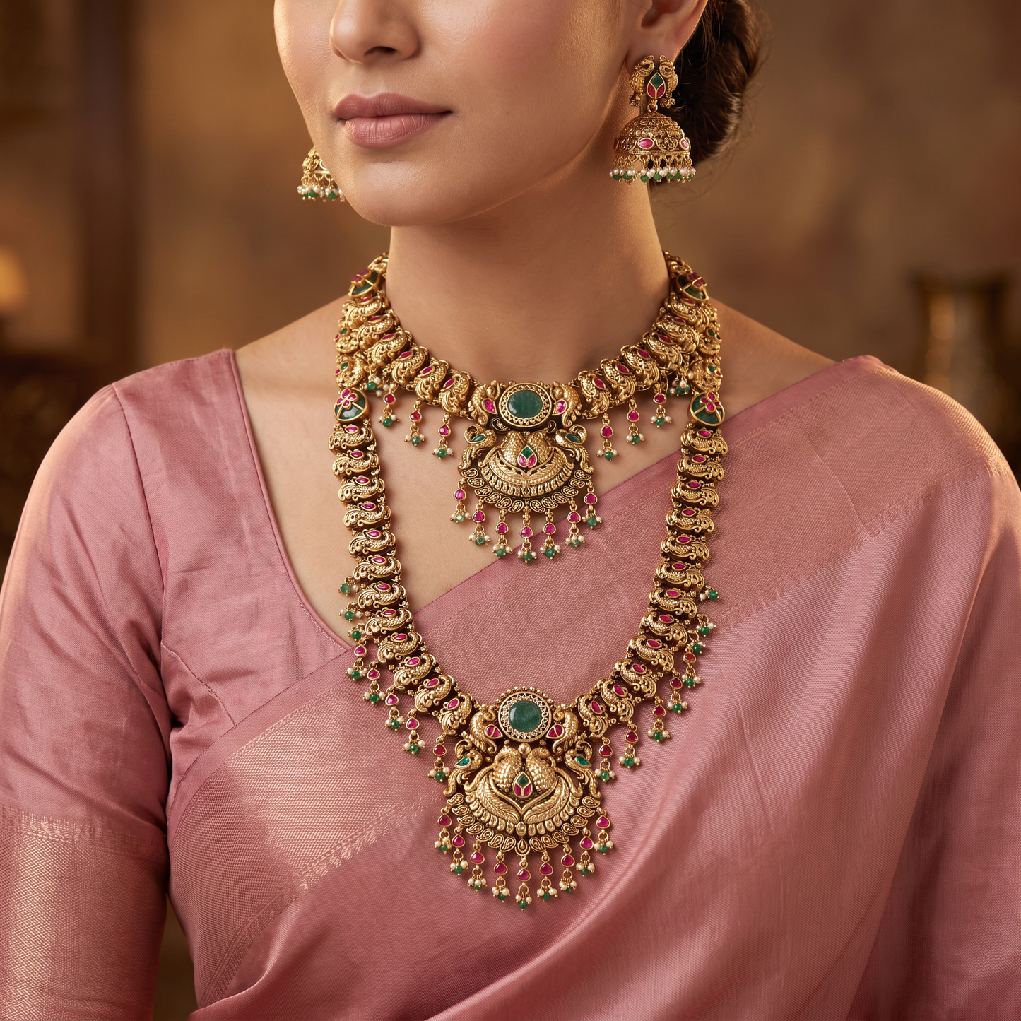 Floral Detail Antique Combo Set with Lakshmi Pendants and Jhumkas
