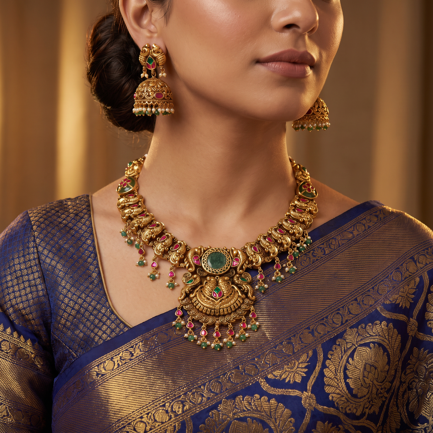 Detailed Antique Necklace with Curved Links and Pendant Work