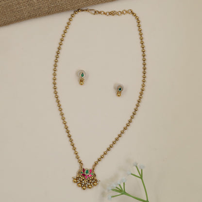 Decorative Lotus Antique Chain with Pendant and Earring Set