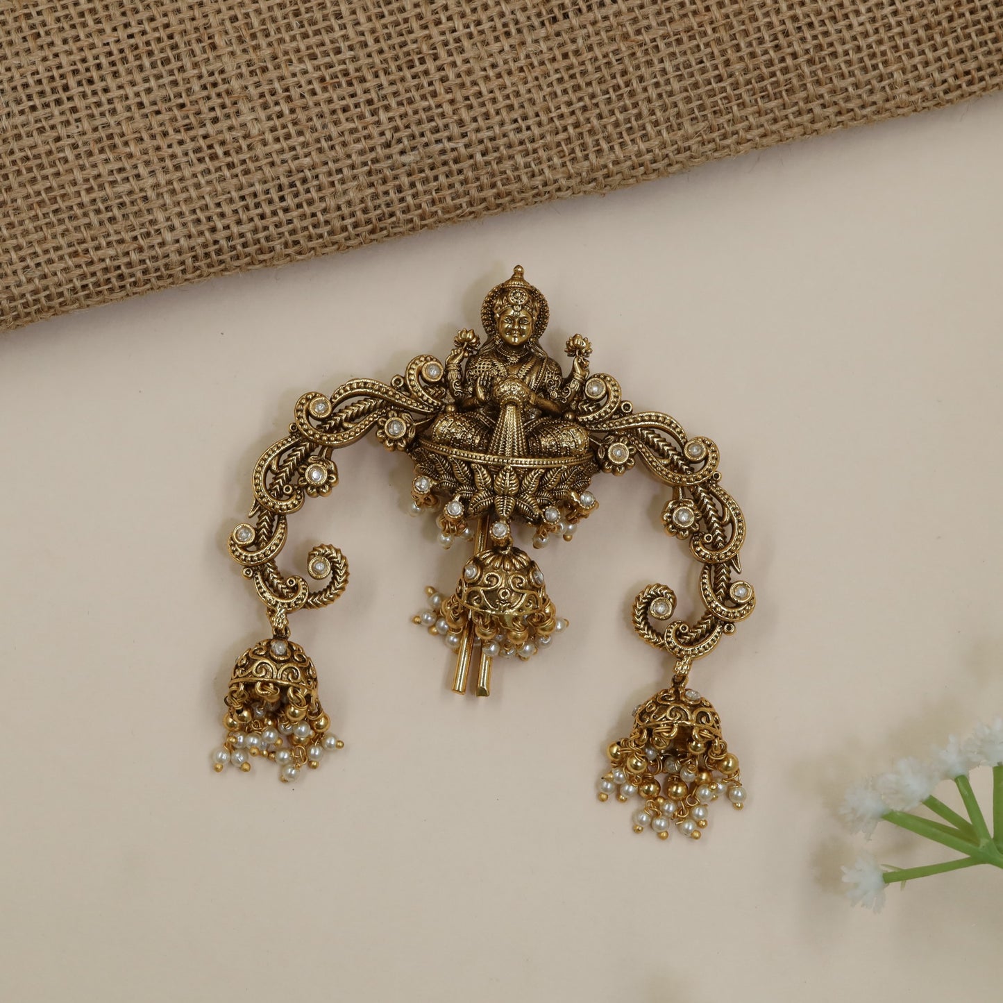 Sculpted Lakshmi Antique Arch with Decorative Hanging Bells