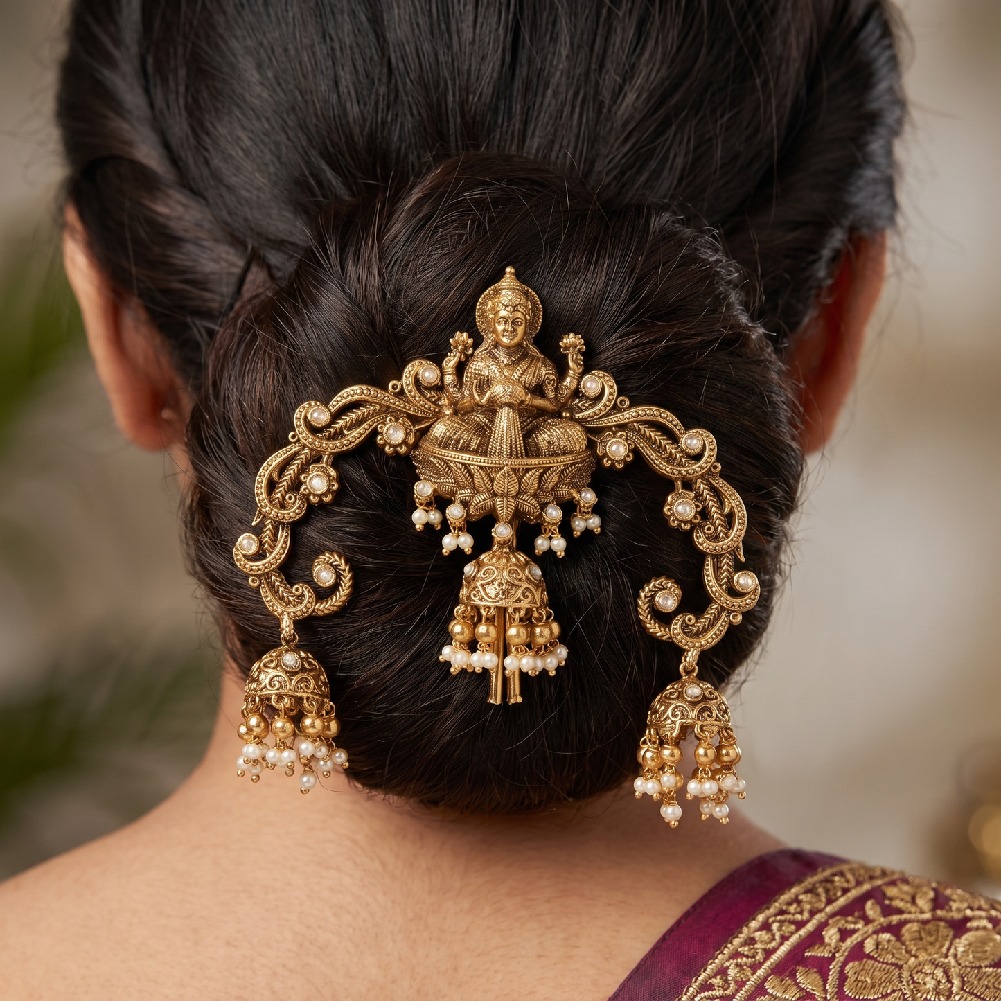 Sculpted Lakshmi Antique Arch with Decorative Hanging Bells
