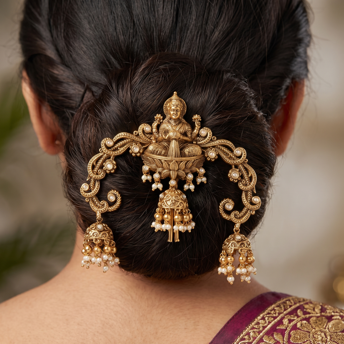 Sculpted Lakshmi Antique Arch with Decorative Bells