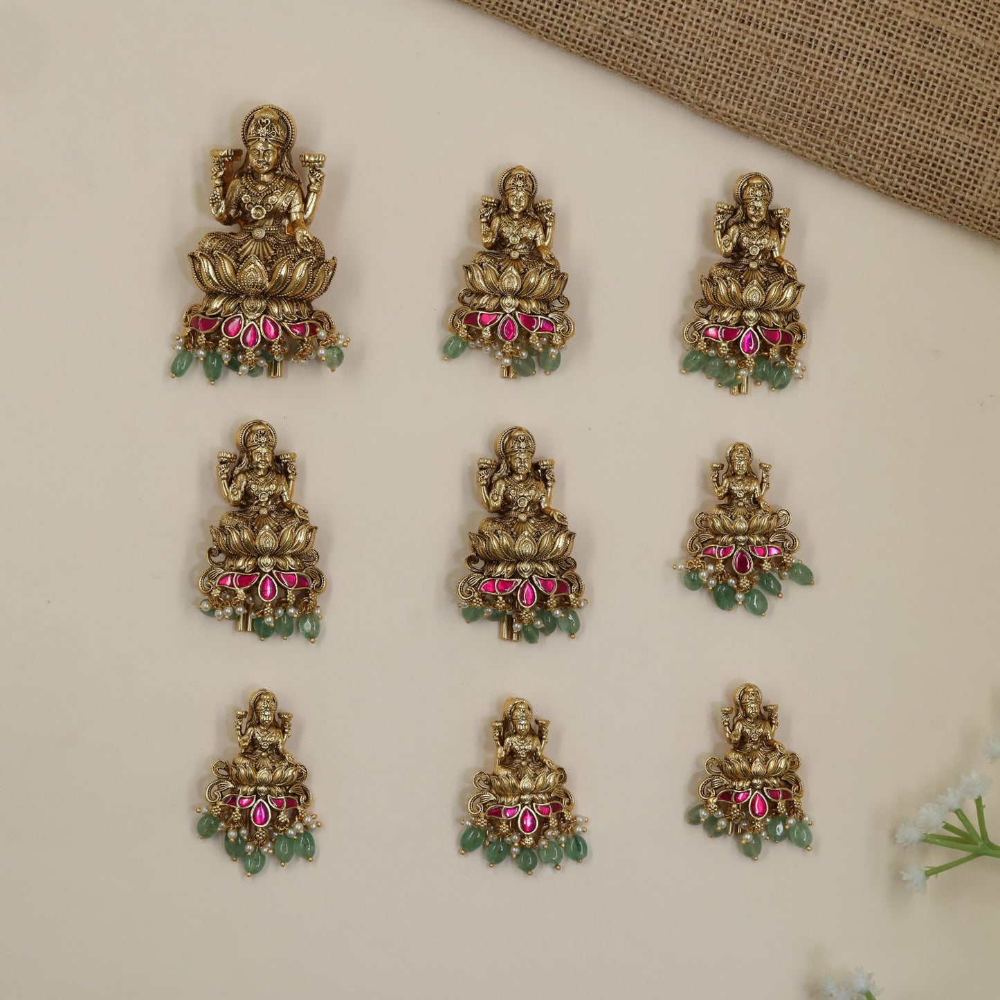 Lakshmi Antique Jade Bille with Lotus and Beaded Drops