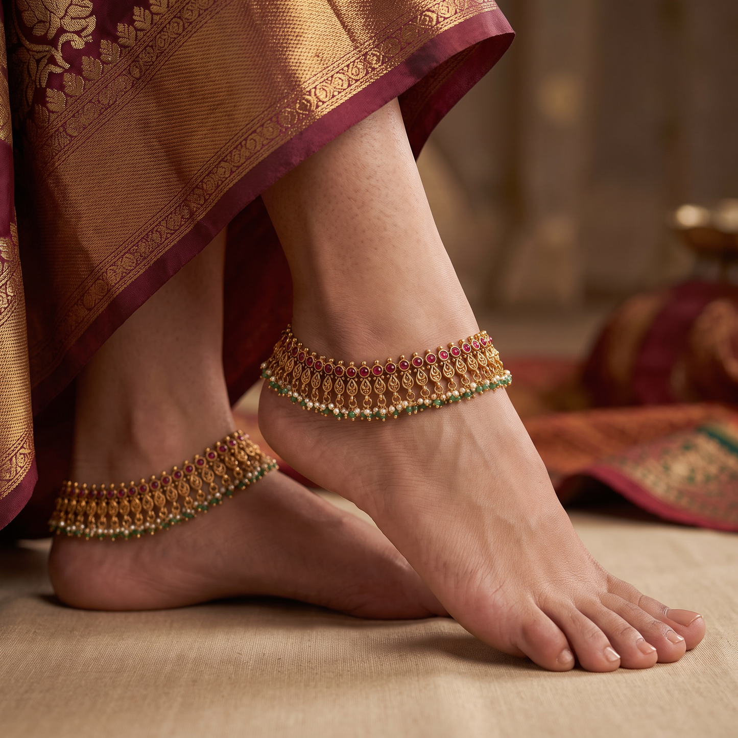 Openwork Antique Payal with Beaded Fringe