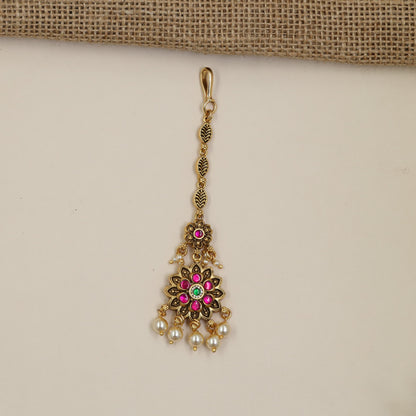 Traditional Antique Tikka with Petal Design and Pearl Drops