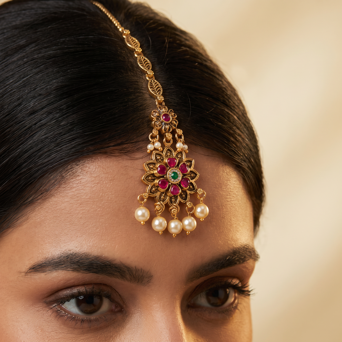 Traditional Antique Tikka with Petal Design and Pearl Drops