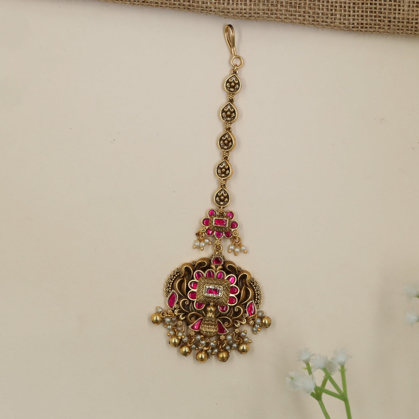 Peacock Antique Tikka with Floral Centre and Beaded Fringe