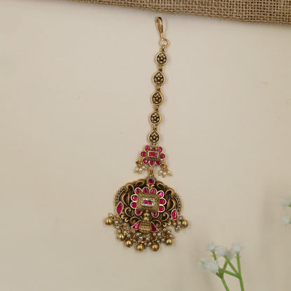 Peacock Antique Tikka with Floral Centre and Beaded Fringe