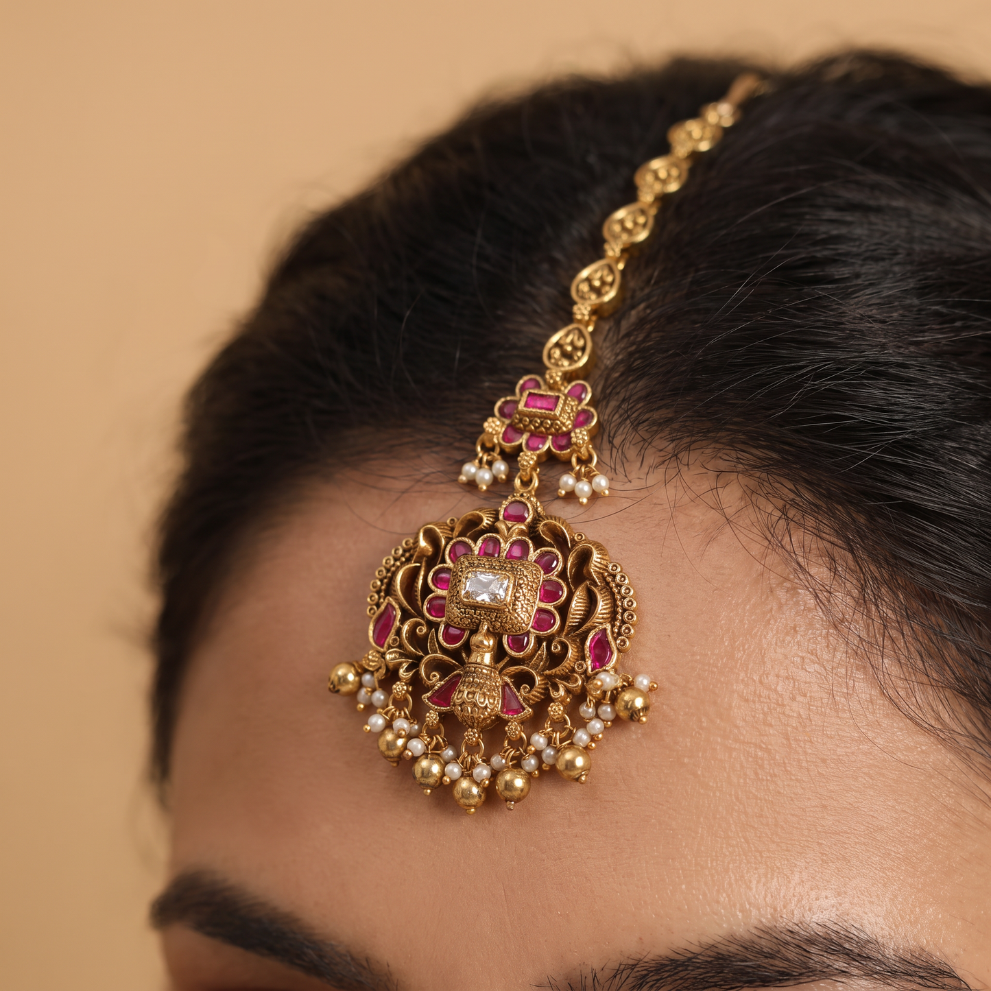 Peacock Antique Tikka with Floral Centre and Beaded Fringe