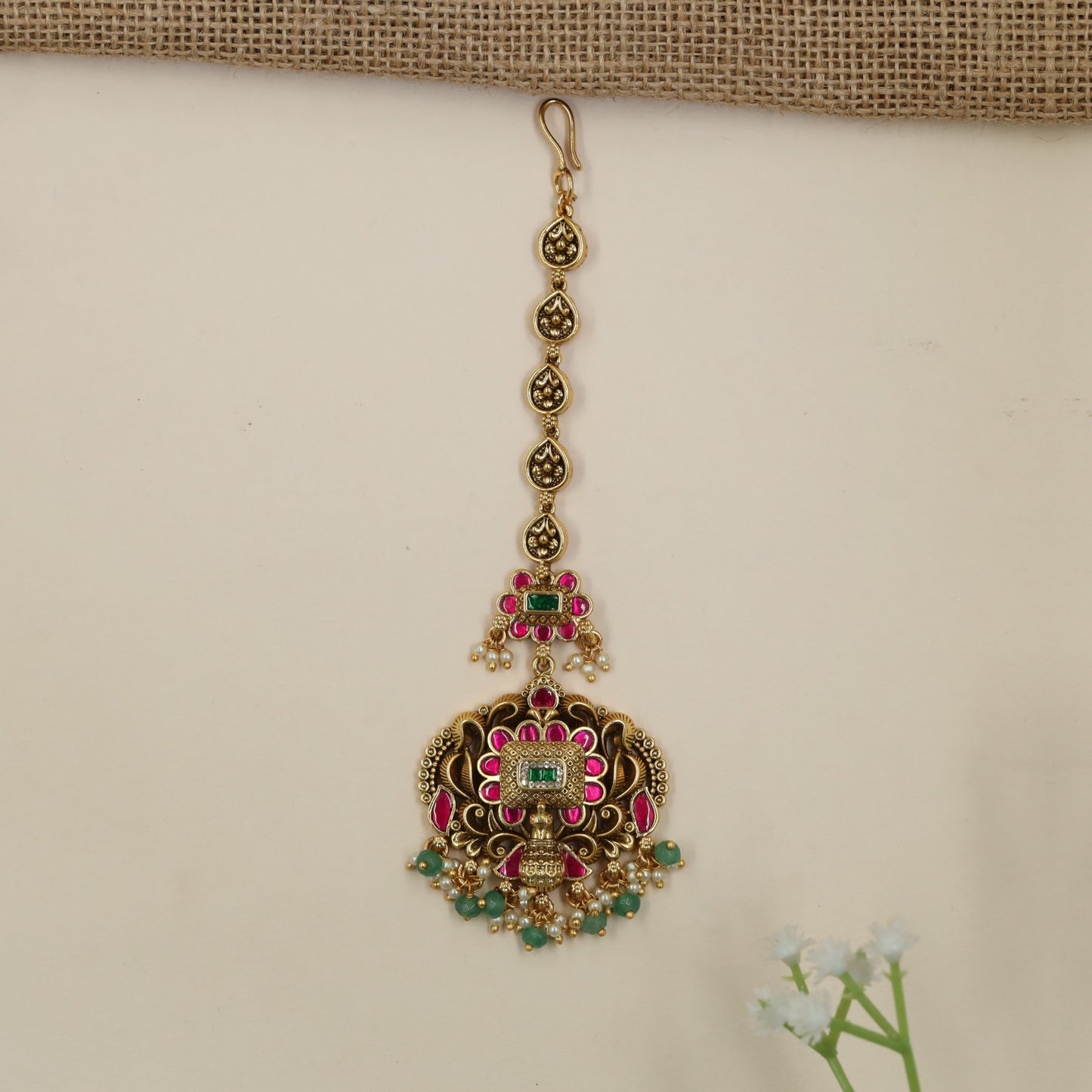 Peacock Antique Tikka with Floral Centre and Beaded Fringe
