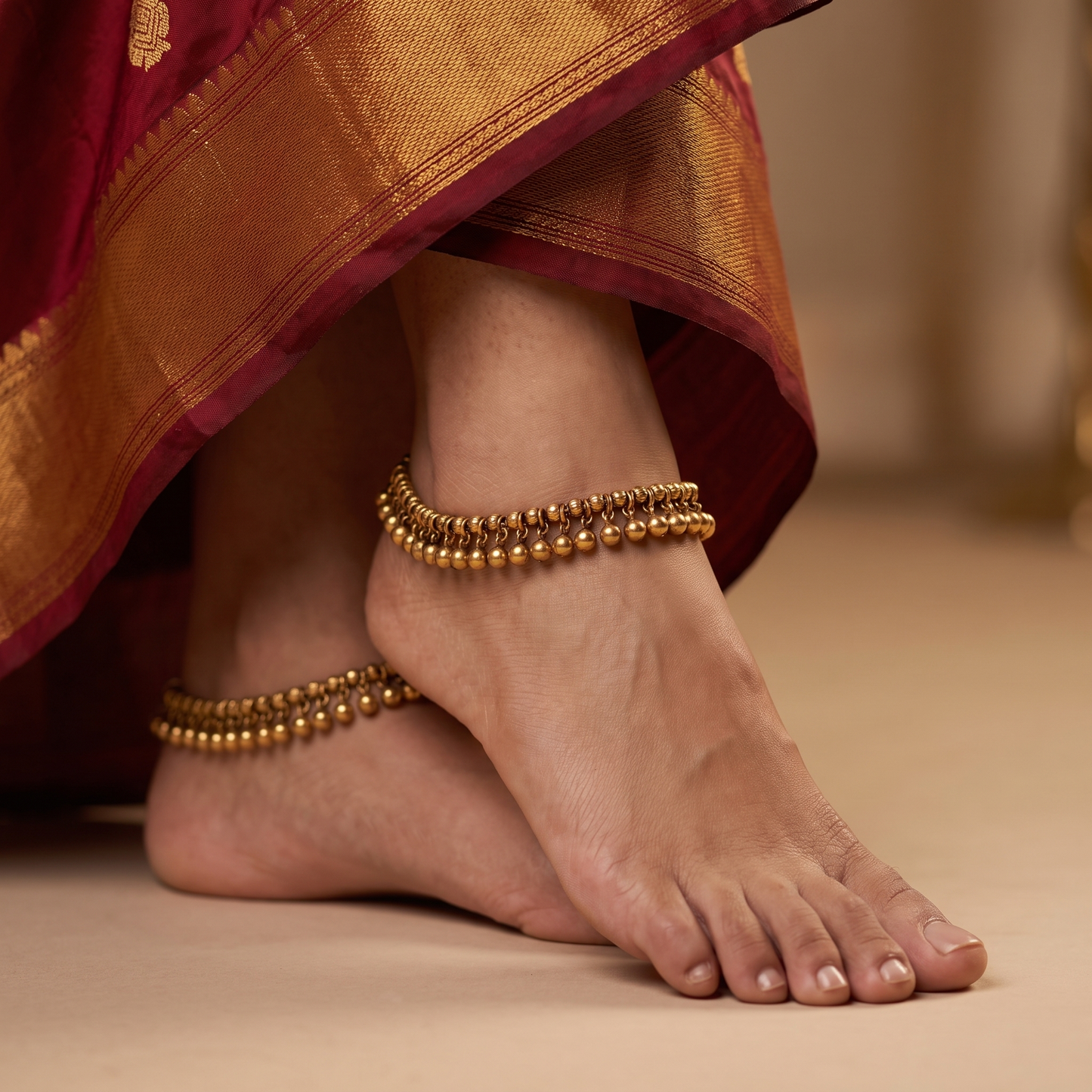 Antique Payal with Continuous Bead and Link Detailing