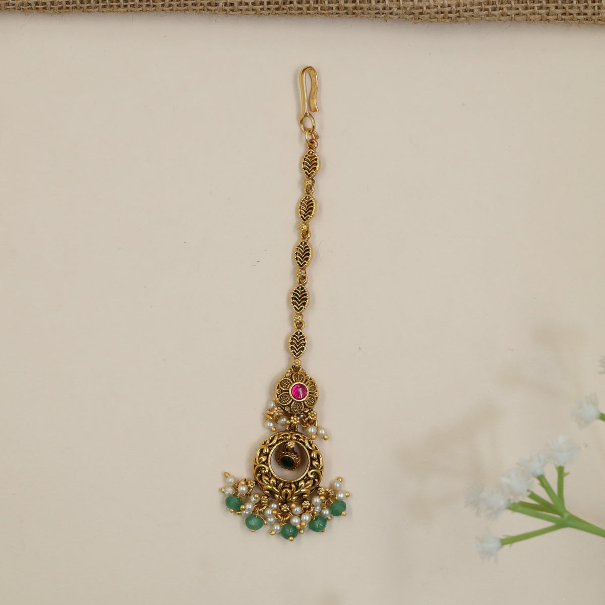 Antique Tikka with Ornate Scrollwork and Beaded Drops