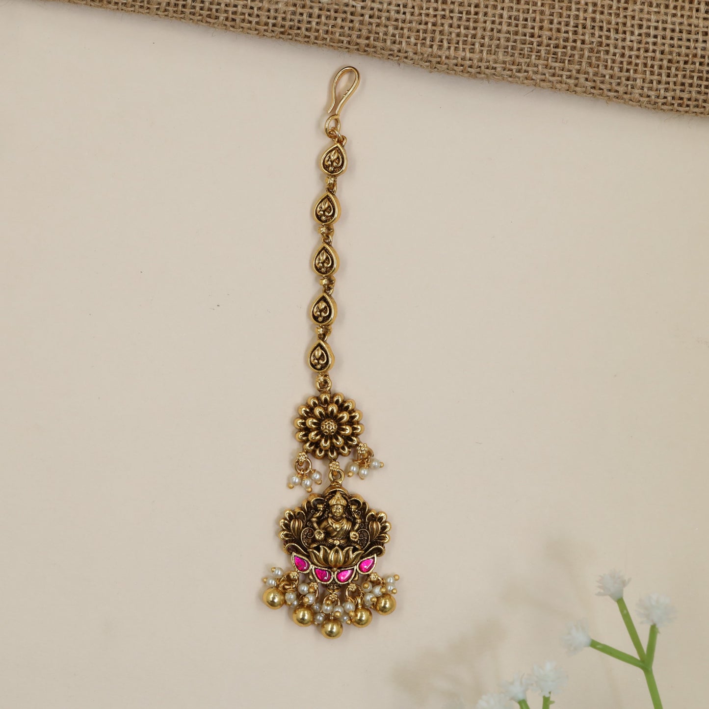 Lakshmi Antique Tikka with Floral Centre and Beaded Fringe